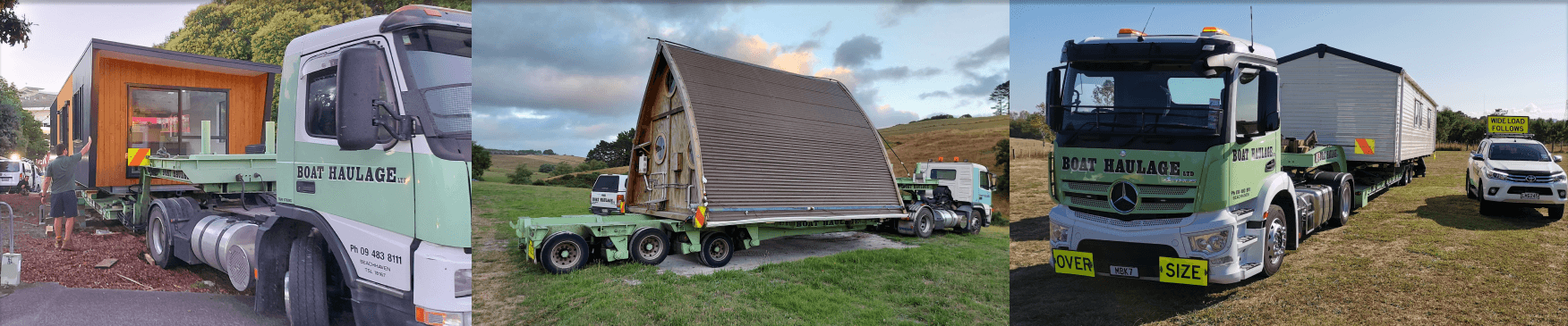 collage of services boat haulage offers, including boat haulage transporting a boat, tiny home, and a shrink wrapped boat onto an aircraft.